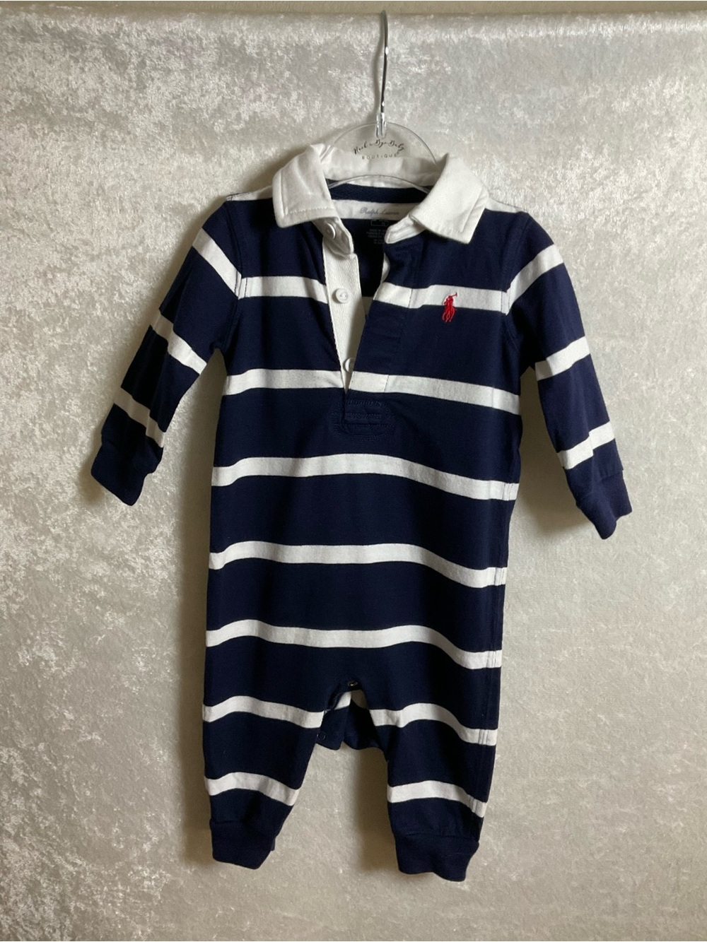 Ralph Lauren Navy & White Striped Long-Sleeve Polo One-Piece Baby